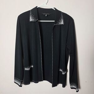 Ming Wang Black Knit Jacket Cardigan Rhinestone Trim Open Front Classic Size S